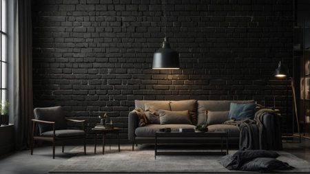 Interior of modern living room with brick wall, 3d renderの写真素材