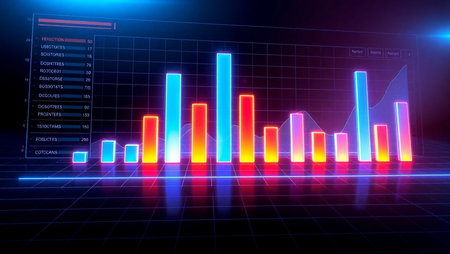 abstract background with glowing bar chart in dark blue and red colorの写真素材