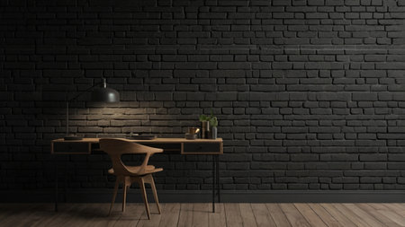 3d rendering of a modern room with wooden desk and black brick wallの写真素材