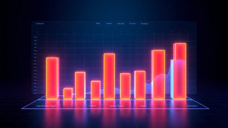 3d rendering of glowing bar chart on dark background. Stock market conceptの写真素材