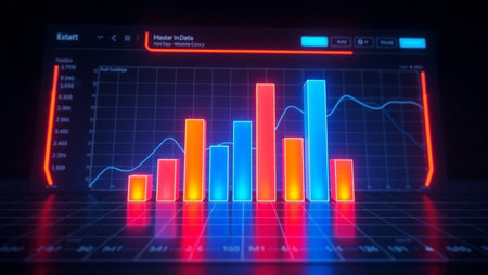 Futuristic blue and red business chart on dark background. 3D rendering