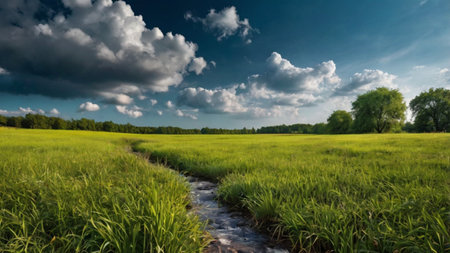 Panoramic view of a green meadow with a small stream on a sunny day