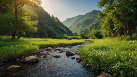 Mountain river at sunset. Nature composition. Panoramic view.の写真素材