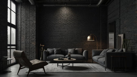 Interior of loft living room with brick wall and grey sofa 3D renderingの写真素材