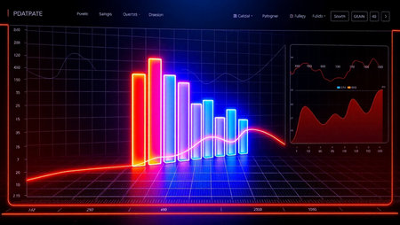 Futuristic interface with glowing graphs and charts. 3d rendering