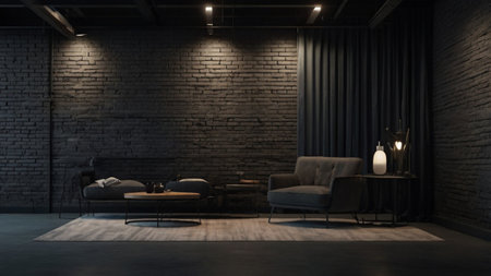3d rendering of living room interior with black brick wall and sofaの写真素材