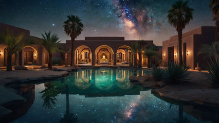 3D Illustration of a beautiful arabic garden at night