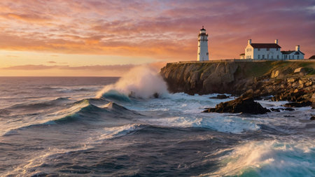 Sunset view of Portland Head Lighthouse in Maine, USA.