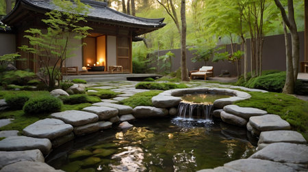 Japanese garden with a pond and a wooden house in the background.