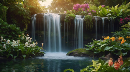 Beautiful waterfall in the garden with green grass and flower background.