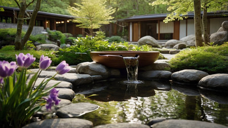 Japanese garden with a wooden bath and crocus flowers in the background