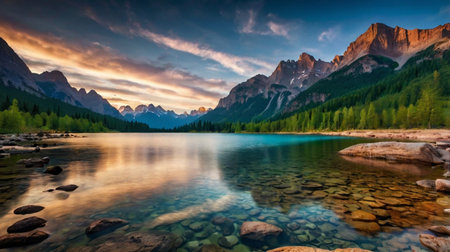 Mountain lake in the Dolomites, Italy. The concept of active and photo tourism