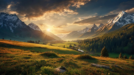 Mountain landscape at sunset. Panoramic view of the Dolomites.