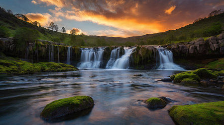 Long exposure of a waterfall on the river at sunset in the forestの写真素材