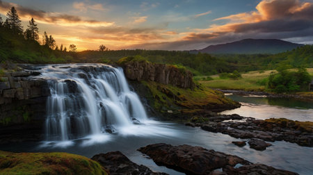 Beautiful sunset over a waterfall in the Scottish Highlands. Long exposure