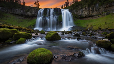 Long exposure of a waterfall in the middle of the forest at sunset