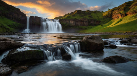 Seljalandsfoss waterfall at sunset, Iceland, Europe