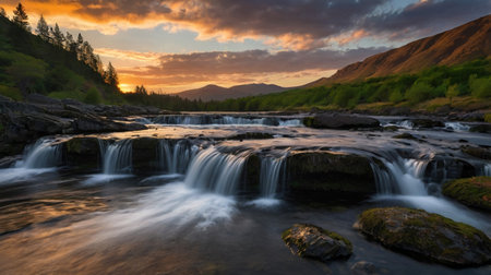 Long exposure image of a waterfall in the Scottish Highlands during sunset.