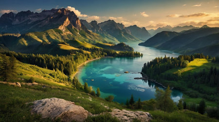 Panoramic view of the lake in the Alps, Switzerland