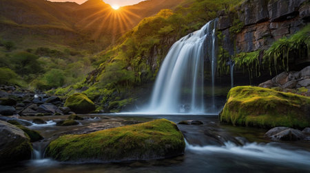 Waterfall in Glencoe, Scotland, UK, at sunset.