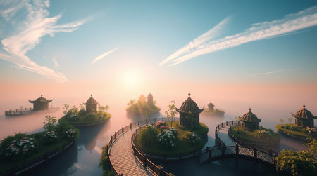 Chinese temple on the lake in the morning.3d render.の写真素材
