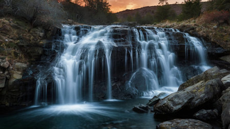 Waterfall in the mountains at sunset, long exposure. Long exposure.