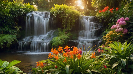 Beautiful waterfall in the tropical garden with blooming orchids