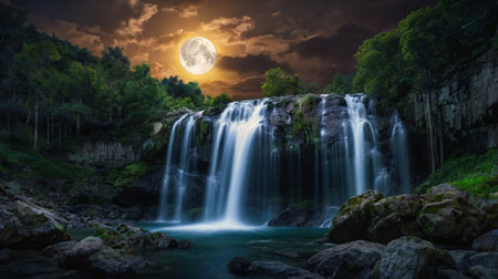 Night landscape with a waterfall in the forest at full moon light.の写真素材