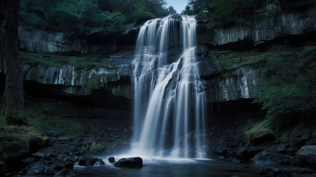 Waterfall in the forest at night, long exposure photography, long exposure