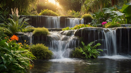 Beautiful waterfall in the garden at sunset, Thailand. Nature backgroundの写真素材