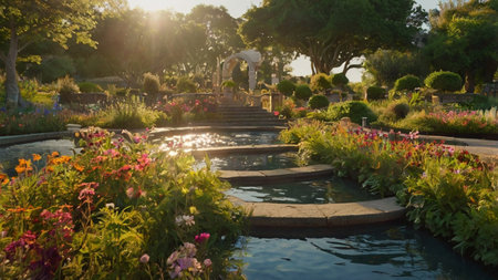 Luxury landscaped garden with flowers and fountain at sunset.