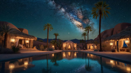 3D rendering of a night view of a hotel in the desert