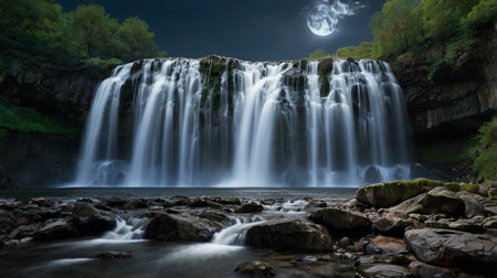 Long exposure of a beautiful waterfall at night with moon in the background