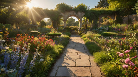 Beautiful garden with blooming flowers and archway at sunset.の写真素材