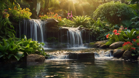 Beautiful waterfall in the tropical garden with sunlight. Nature background.の写真素材