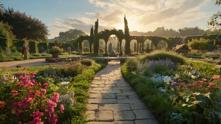 Gardens and gardens of Villa Taranto at sunset, Italyの写真素材