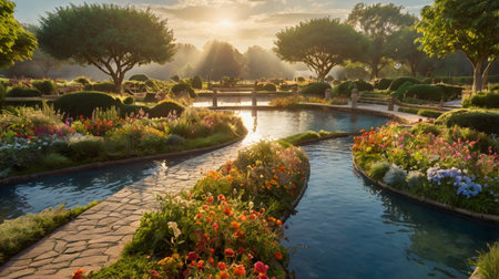 Sunrise in the beautiful garden with water pond and flower bed.の写真素材