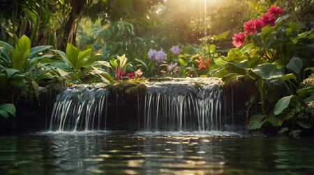 Waterfall in the garden at sunset time. Beautiful natural background.の写真素材