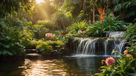 Waterfall in the tropical garden. Beautiful nature scene with waterfall in the tropical garden.