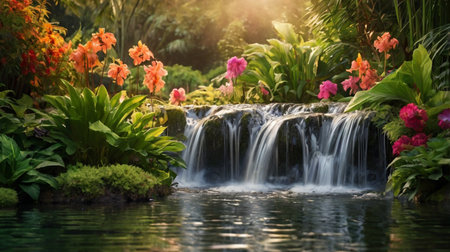 Waterfall in the garden with beautiful flowers, nature and environment conceptの写真素材