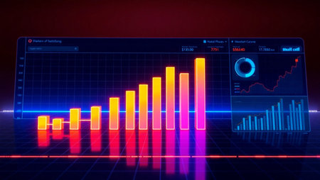 Futuristic interface with glowing candlestick chart. 3d renderingの写真素材