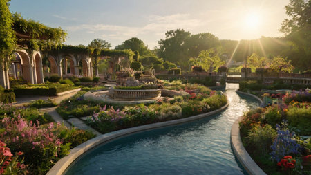 Luxury garden with fountains at sunset. Beautiful summer landscape.