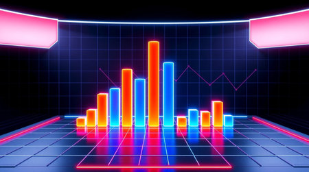 abstract 3d illustration of neon glowing bar chart in dark roomの写真素材