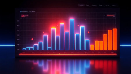 Futuristic interface with glowing bar charts and graphs. Vector illustration