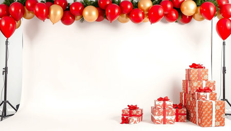 Christmas and New Year background with red and gold balloons and gift boxesの写真素材