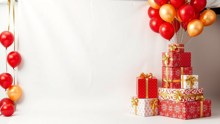 Festive background with red and gold balloons and gifts. 3d renderingの写真素材
