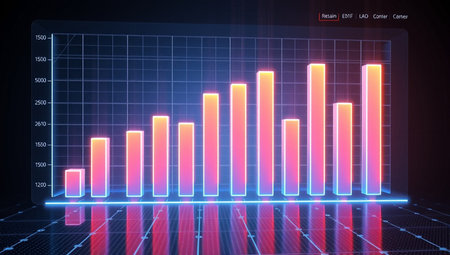 Futuristic interface with bar chart and neon lights. 3d rendering