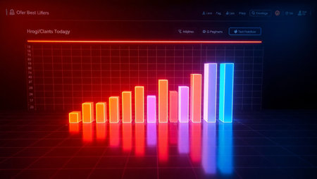 abstract 3d illustration of colorful equalizer bars on dark backgroundの写真素材