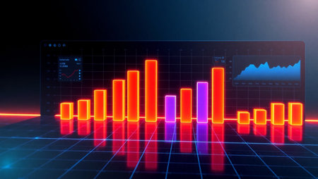 Futuristic business background with glowing bar chart. 3d renderingの写真素材