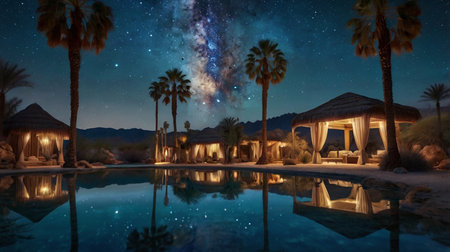 Swimming pool in the desert with palm trees and milky wayの写真素材